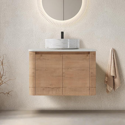 LKTART 30 Inch Floating Bathroom Vanity with Sink, Modern Wall Mounted Bathroom with Soft Close Door, White Stone Round Ceramic Basin and Sintered Stone Top