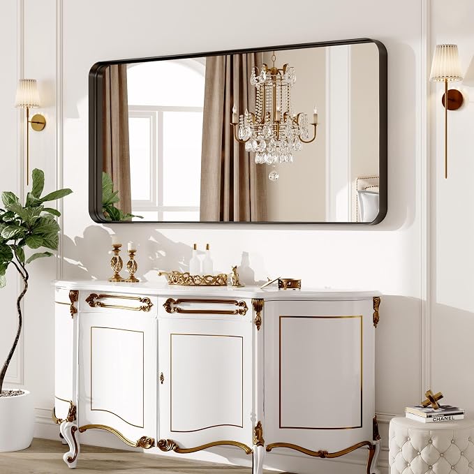 60X28 Inch Black Metal Framed Bathroom Mirror for Wall, Matte Framed Rounded Rectangular Modern Mirrors for Over Sink, Anti-Rust, HD Tempered Glass, Farmhouse, Hangs Horizontally or Vertically