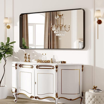 72 x 30 Inch Black Metal Framed Bathroom Mirror for Wall, Matte Framed Rounded Rectangular Modern Mirrors for Over Sink, Anti-Rust, HD Tempered Glass, Farmhouse, Hangs Horizontally or Vertically