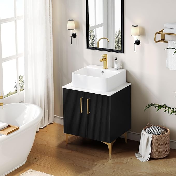 DWVO Bathroom Vanity 24 Inch with Counter Top Sink Combo | Modern Bathroom Storage Vanity Cabinet Set Included 2 Large Soft Closing Doors, Drain, Gold Handles & Legs, Black
