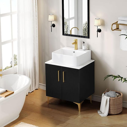 DWVO Bathroom Vanity 24 Inch with Counter Top Sink Combo | Modern Bathroom Storage Vanity Cabinet Set Included 2 Large Soft Closing Doors, Drain, Gold Handles & Legs, Black
