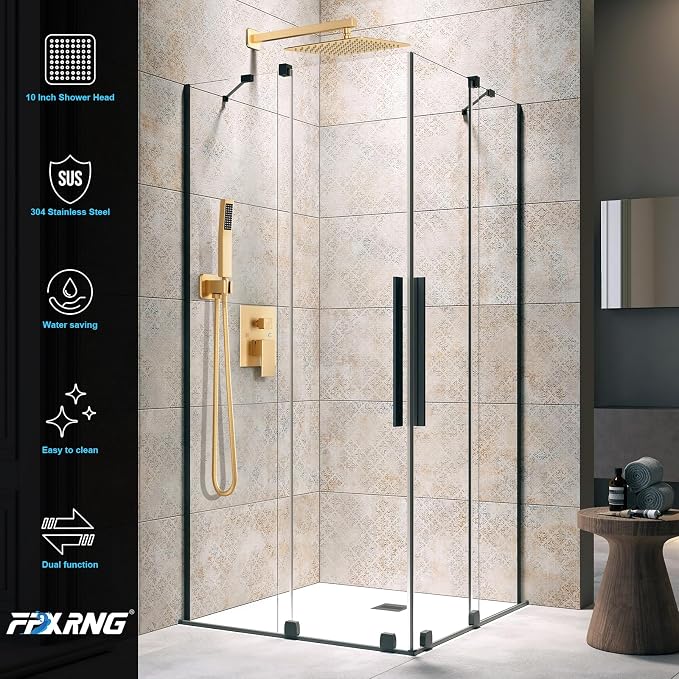 FPXRNG Shower Faucet Set Rainfall Shower System with Square Shower Head and Handle Set Rough-in Valve and Metal Trim Kit Included Paint Gold 10 Inch Wall Mounted Shower Fixtures