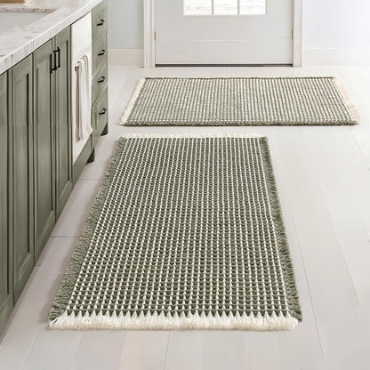MIULEE Set of 2 Waffle Bathroom Rugs Boho Bath Mat Green&Cream 20x32 Inch | Non Slip, Super Absorbent, Washable, Ultra Soft, Rubber Backed Bath Rugs for Bathroom Floor Tub Shower