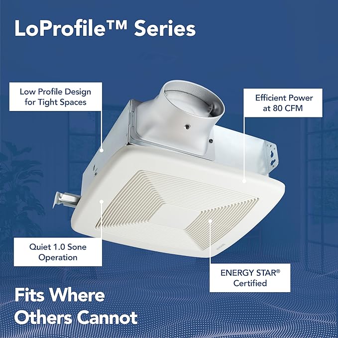 Broan-NuTone LP80 ENERGY STAR Certified LoProfile 4" Bath Ventilation Fan, 1.0 Sones, 80 CFM White Exhaust Fan