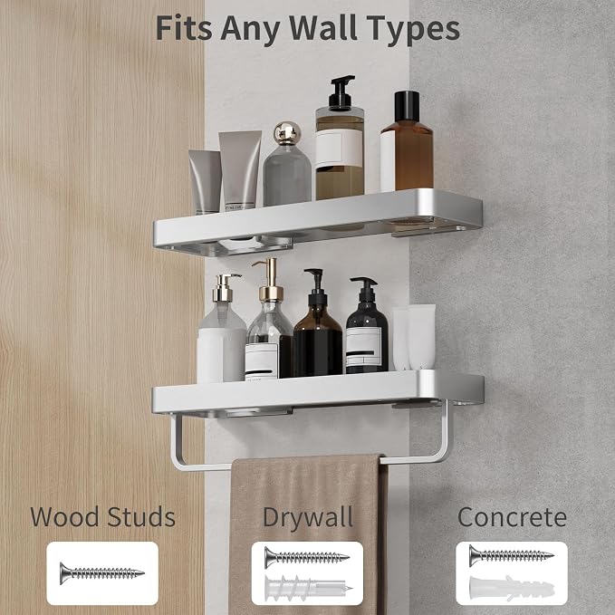 16-Inch Silver Floating Bathroom Shelves with Towel Bar, Clear Tempered Glass Wall Shelf 2-Pack – Versatile Bathroom Organizer Set