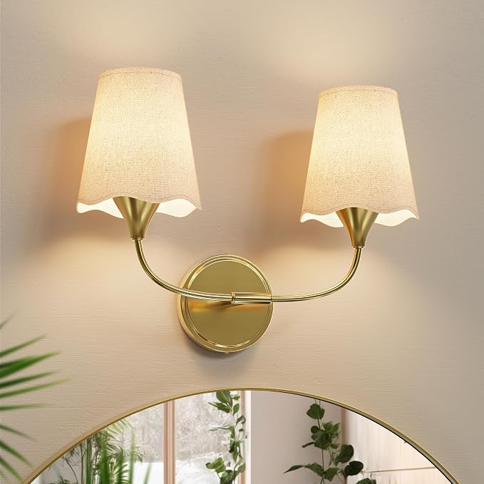 Morauroral Bathroom Light Fixtures Over Mirror, 2 Light Vanity Lights for Bathroom, Gold Vanity Lighting Fixtures with Fabric Linen Shade, E26 Socket Modern Sconce Wall Decor (ETL Listed)