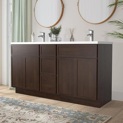 HomeBeyond 60 Inches Bathroom Vanity Base Cabinet Without Sink, Double Sink Top Sturdy Floor Mounted Cabinet with Door & Soft Closing Drawers,Brown, VA4124-2+VA4112-3