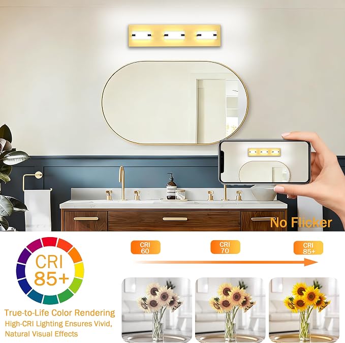 LED Bathroom Light Fixtures, 3-Light Modern Vanity Lights with Milky White Frosted Acrylic Shades, Gold Bathroom Lighting Fixtures Over Mirror, ETL Listed, 20W 5CCT Adjustable