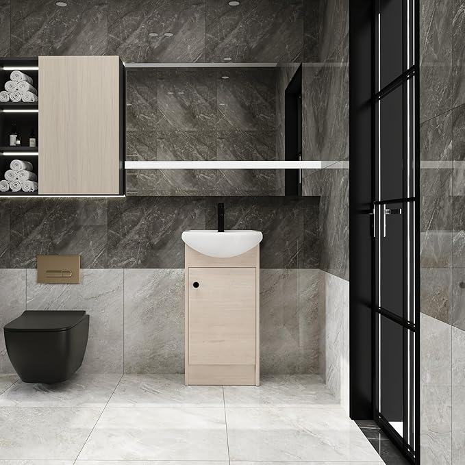 18 Inch Freestanding Bathroom Vanity, 18'' Floor Stand Bathroom Vanity with Sink, Single Sink Cabinet Combo, Modern Storage Cabinet, with Soft Closing Door, 02218PLO