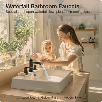 Matte Black Bathroom Faucet 3 Hole, Brass 8 Inch Bathroom Sink Faucet Waterfall, 2 Handles Widespread Basin Tap with Pop-up Drain & Supply Hose for Vanity, Farmhouse, Restroom Sink