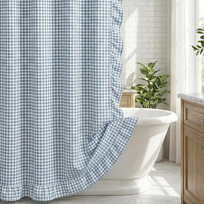HunnmingRe Ruffled Gingham Shower Curtain Dusty Blue | 72'' x 72'' Vintage Farmhouse Curtain, Cotton Cottage Core Rural Checkered Plaid Decor, Fall Shower Curtain for Bathroom