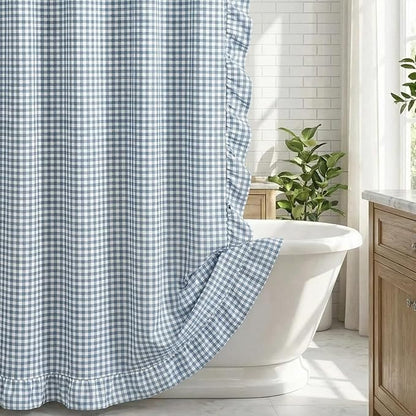 HunnmingRe Ruffled Gingham Shower Curtain Dusty Blue | 72'' x 72'' Vintage Farmhouse Curtain, Cotton Cottage Core Rural Checkered Plaid Decor, Fall Shower Curtain for Bathroom
