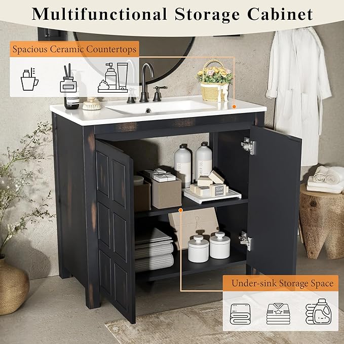 36" Bathroom Vanity,Farmhouse Vanity with Ceramic Sink, Set Bathroom Storage Cabinet, Espresso