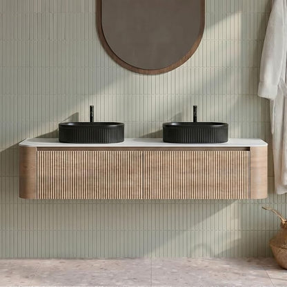 72" Preassembled Double Floating Bathroom Vanity with Black Sink, Oak | Mid-Century Modern Style, Fluted & Soft-Close Drawer with U-shaped Wall, Sinterted Stone Countertop, Towel Rack Included