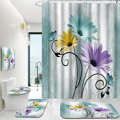 Onalasyc 4PCS Blue Green Daisy Bathroom Sets with Shower Curtain and Rugs | Country Floral Butterfly Shower Curtain Set,Modern Bathroom Decor Shower Curtains Set with Rugs Toilet Lid Cover and 12 Hooks
