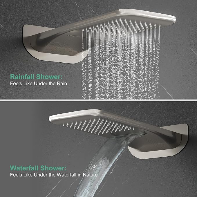 4-Function Waterfall Shower System with Body Jets, SR SUN RISE Full Body Rainfall Shower System with Handheld Shower Faucet Complete Sets, Wall Mounted Shower Fixture Set for Bathroom, Brushed Nickel