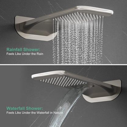 4-Function Waterfall Shower System with Body Jets, SR SUN RISE Full Body Rainfall Shower System with Handheld Shower Faucet Complete Sets, Wall Mounted Shower Fixture Set for Bathroom, Brushed Nickel
