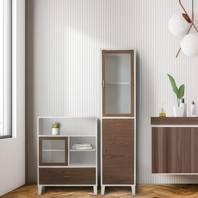 Teamson Home Tyler Wooden Storage Floor Cabinet, White and Walnut | Freestanding cabinet, Adjustable shelves