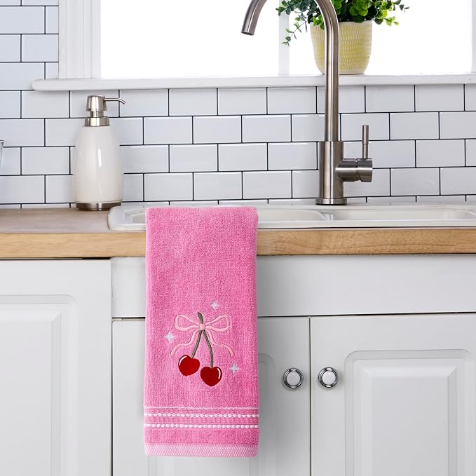 SKL Home Cherry Hearts Hand Towel Set-2pc, 100% Cotton, Embroidered, Pink | Soft & decorative velour. For use in the bathroom, kitchen or bar. Great for Valentine's Day & year-round décor.