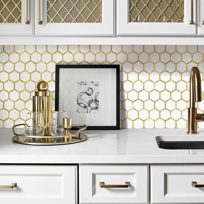 STICKGOO Hexagon Peel and Stick Backsplash Tile, Stick on Backsplash for Kitchen and Bathroom, Pure White PVC Mixed Metal Gold Self Adhesive Wall Tiles(10 Sheets, Seamless)