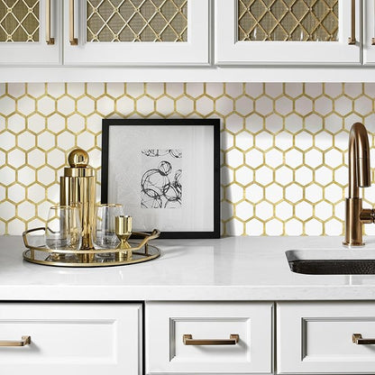STICKGOO Hexagon Peel and Stick Backsplash Tile, Stick on Backsplash for Kitchen and Bathroom, Pure White PVC Mixed Metal Gold Self Adhesive Wall Tiles(10 Sheets, Seamless)