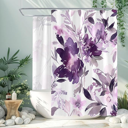 MAYZUS Extra Wide Flower Shower Curtain 108 x 72 for Claw Foot Tub, Purple | Lavender Modern Watercolor Floral 108 inch Long Shower Curtain Set with 18 Pack Plastic C-Hooks
