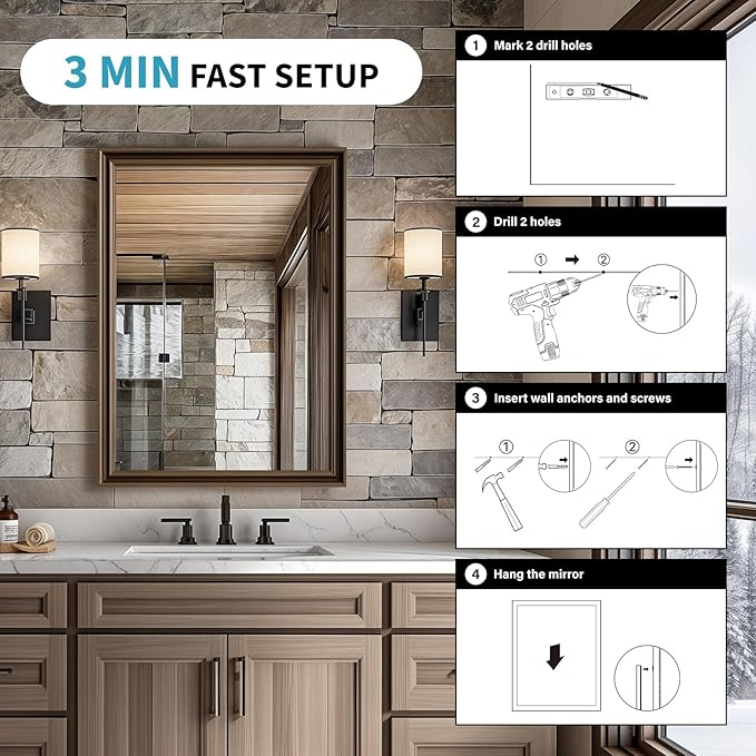Retro Copper Effect Framed Wall Mirror, 30x40 Rectangle Mirror, Anti-desilvering Tempered Glass, Sustainable&Sturdy Frame, Anti-Rust, HD Reflection &3min Fast Setup for Bathroom Living Room