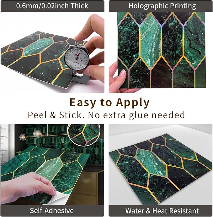 funlife Holographic Emerald Art Deco Peel and Stick Backsplash Self-Adhesive PVC Wall Tiles Easy DIY with Tools for Kitchen Bathroom and Laundry Room 5.9"x5.9"x10-Sheet Hex Emerald