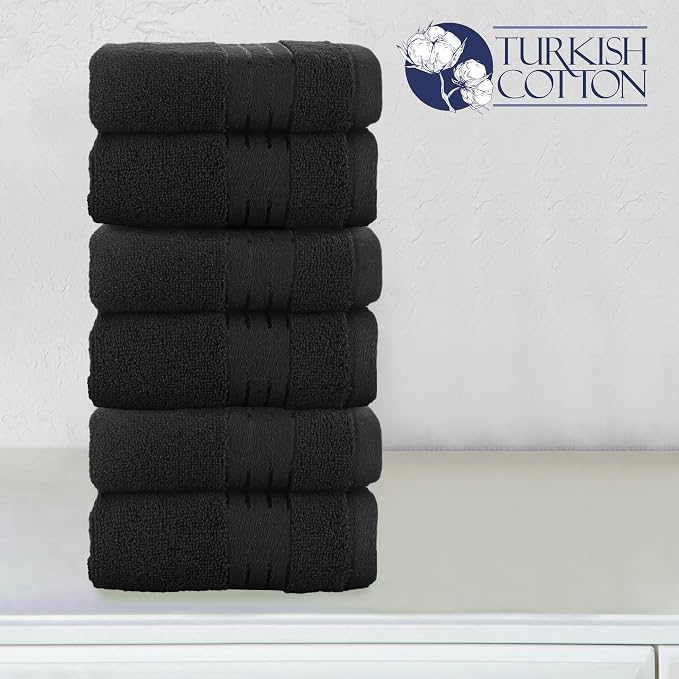 Elegant Comfort Premium Turkish Cotton 6 Pack Washcloths Set - 13 x 13 inch, Luxurious Hotel Spa Quality 100% Turkish Cotton 6PC Washcloth Set - Highly Absorbent - Soft Bathroom Towels, Black