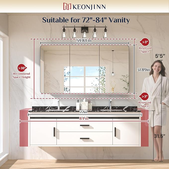 Keonjinn 60"x32" Chrome Recessed Medicine Cabinet with Mirror, Oversized | Stainless Steel Framed, Adjustable Shelves, In Wall or Surface Mount, Soft Close DTC Hinge, 3 Doors Bathroom Medicine Cabinet