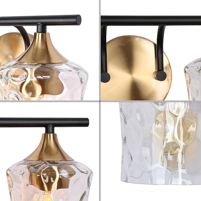 KSANA Bathroom Vanity Lights, 2-Light Black and Electroplated Brass Vanity Light Over Mirror Mid-Century Modern Bathroom Light Fixtures with Textured Glass, 14" L x 6.7" W x 7.3" H