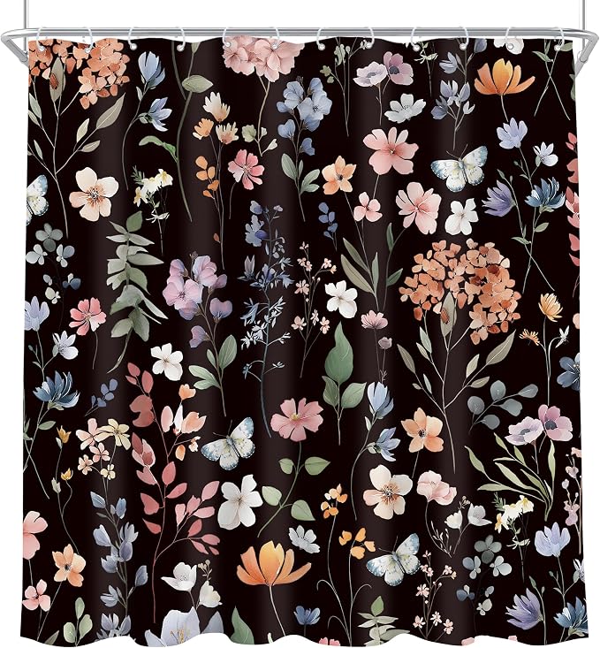 Black Flower Dark Floral Wildflower Leaves Leaf Bathroom Shower Curtain Set | 72"W x 72"H Vintage Botanical; waterproof HD print, quick-dry fabric and plastic hooks for easy setup.