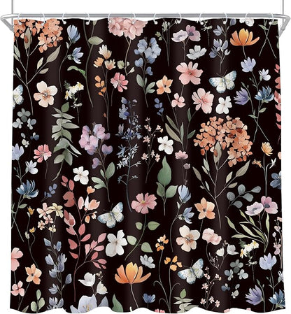 Black Flower Dark Floral Wildflower Leaves Leaf Bathroom Shower Curtain Set | 72"W x 72"H Vintage Botanical; waterproof HD print, quick-dry fabric and plastic hooks for easy setup.