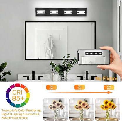 LED Black Bathroom Light Fixtures, 4-Light 27W 5CCT Modern Vanity Lights | NOVELUX LED Black Bathroom Light Fixtures, 4-Light Modern Vanity Lights , ETL Listed, 27W 5CCT Adjustable