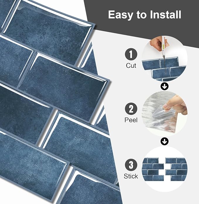 10 Sheets Thicker Peel and Stick Backsplash, Peel and Stick Tiles, Marble Look Wall Tiles Backsplash for Kitchen and Bathroom, Livingroom, 12"x9.8", Blue