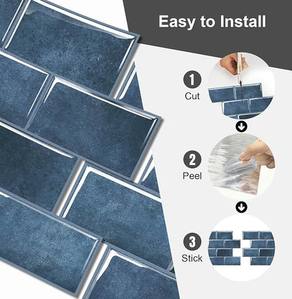 10 Sheets Thicker Peel and Stick Backsplash, Peel and Stick Tiles, Marble Look Wall Tiles Backsplash for Kitchen and Bathroom, Livingroom, 12"x9.8", Blue