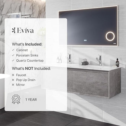 Eviva Aurora 48 in. Concrete Gray Wall Mount Double Sink Bath Vanity with Carrara Quartz Top