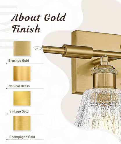 HWH 3-Light Bathroom Wall Sconces, Clear Floral Glass, 5HJX110B-3W BG | Brushed Gold Finish, 20 Inch Bathroom Vanity Light for Bedroom, Sconce Wall Lighting, Standard E26 Bulb Socket, For Foyer