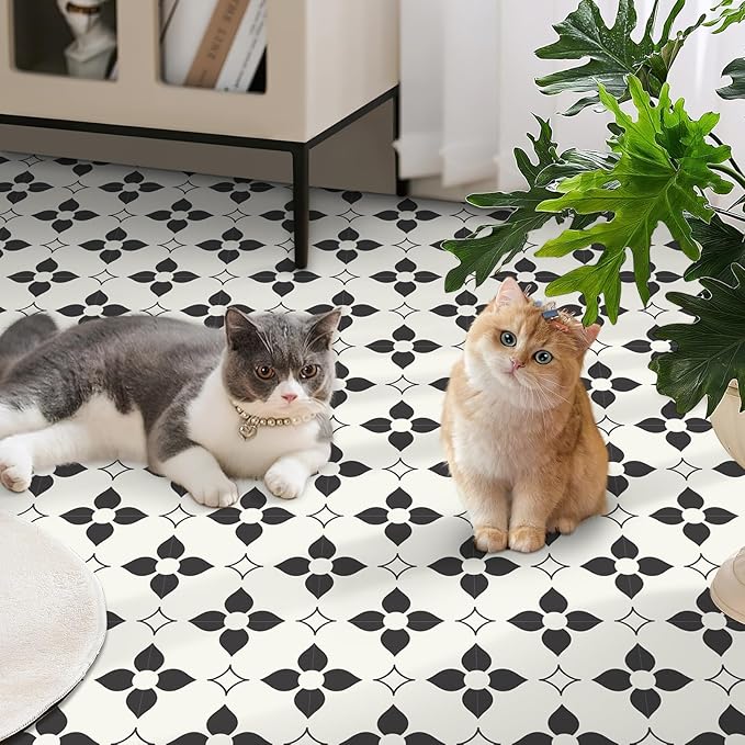 MORCART Peel and Stick Floor Tile Star Waterproof Vinyl Flooring DIY Flooring for Bathroom, Kitchen, Fireplace, Pet House, Stairs, Bedrooms, Wall, Store(20PCS,7.87" x 7.87",Black+White)