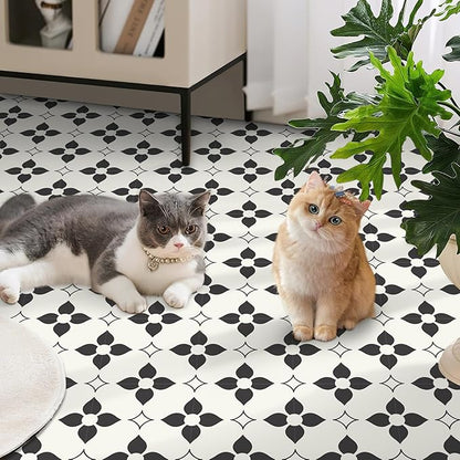 MORCART Peel and Stick Floor Tile Star Waterproof Vinyl Flooring DIY Flooring for Bathroom, Kitchen, Fireplace, Pet House, Stairs, Bedrooms, Wall, Store(20PCS,7.87" x 7.87",Black+White)