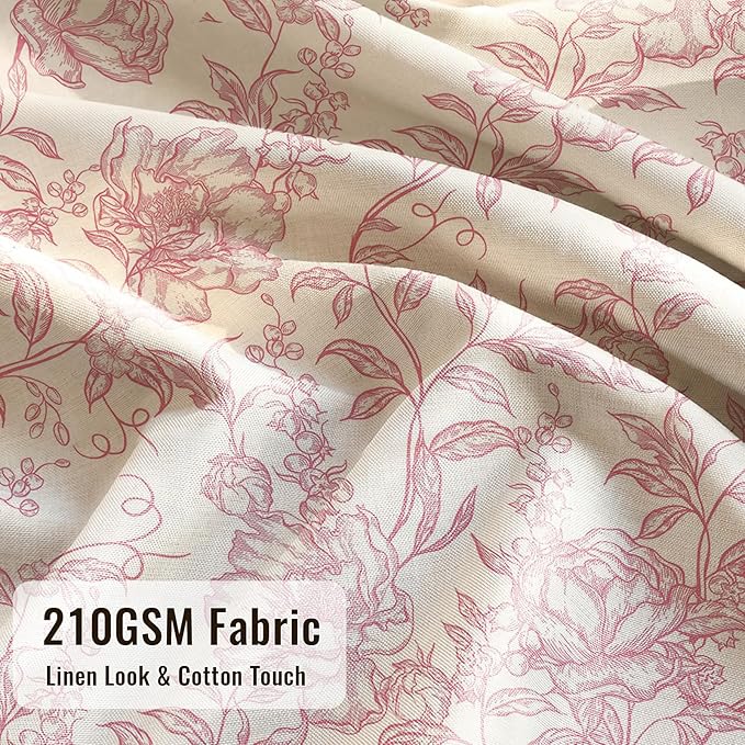 Farmhouse Pink Floral Shower Curtain with 12 Clear Rings 72"W x 72"L | Boho Fabric Faux Linen Shower Curtain Set, Vintage Cottagecore Shower Curtain for Bathroom