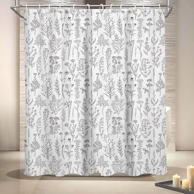 Coxila Vintage Floral Shower Curtain Black and White Flower Retro Rustic Country Farmhouse Grey Gray Cute Antique Spring Plant Botanical Cottagecore Bathroom 60x72 Inch Polyester Fabric 12 Pack Hooks