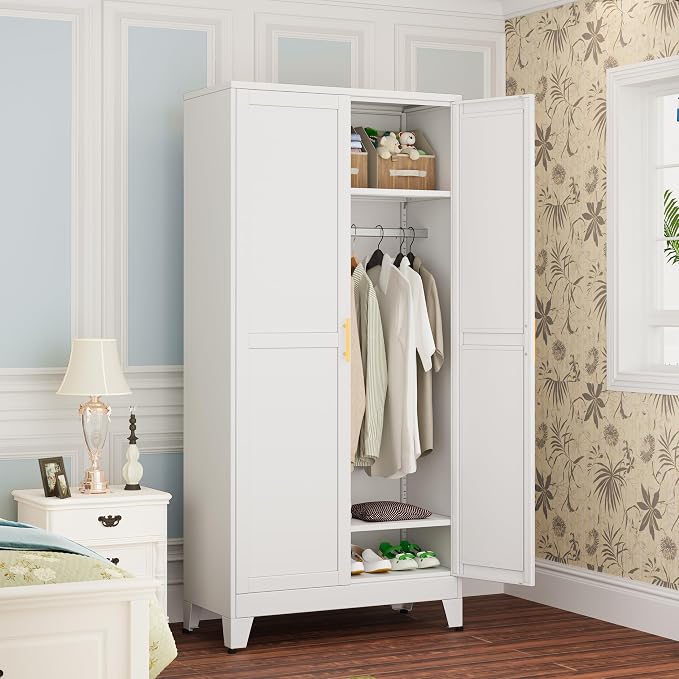 winiowa Metal Armoire Wardrobe Closet with 2 Doors, 71"' Wardrobe Cabinet with Adjustable Shelves and Hanging Rod, Clothing Storage Cabinet Closet for Bedroom-White
