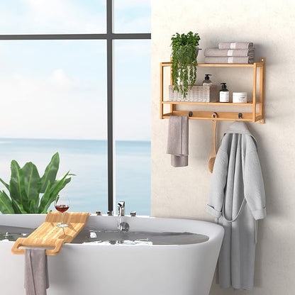 ClosetMaid Bamboo Wall Shelf with Towel Bar, 3 Hooks, Wall Mount Storage Shelves, 2 Tier, Organizer Rack, Natural Finish
