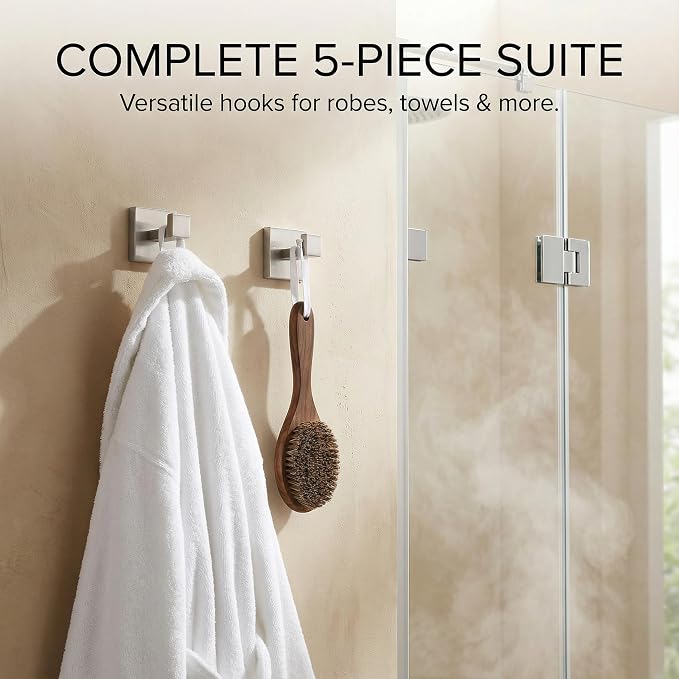 5-Piece Bathroom Hardware Set, 23.6 in Towel Bar, Brushed Nickel | 304 stainless steel, towel ring, toilet paper holder, 2 robe hooks, wall-mounted, installation hardware included
