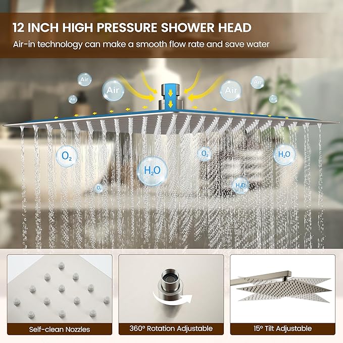 MONDAWE 12 Inch Wall Mounted Brushed Nickel Shower System, 3-Function Shower Faucet Set with Rainfall Dual Shower Head and High Pressure 4-Setting Handheld, All Functions Can be Used At the Same Time
