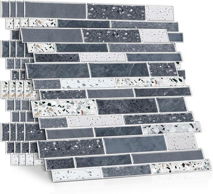 Alwayspon 10 Sheets 12" x12inch Grey Marble Terrazzo Effect Vinyl Tiles, Backsplash, Self-Adhesive Peel and Stick Wall Tile Stickers, Stick on Subway Tiles for Kitchen Bathroom Wall Decor