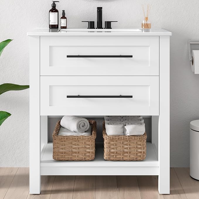 LIKIMIO 30" Bathroom Vanity with Sink, 2 Drawers & Open Shelf, White | Freestanding Bathroom Vanity, Integrated Ceramic Sink, U-Shaped Drawers, Modern Bathroom Storage Cabinet, Easy Assembly