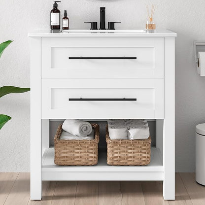 LIKIMIO 30" Bathroom Vanity with Sink, 2 Drawers & Open Shelf, White | Freestanding Bathroom Vanity, Integrated Ceramic Sink, U-Shaped Drawers, Modern Bathroom Storage Cabinet, Easy Assembly