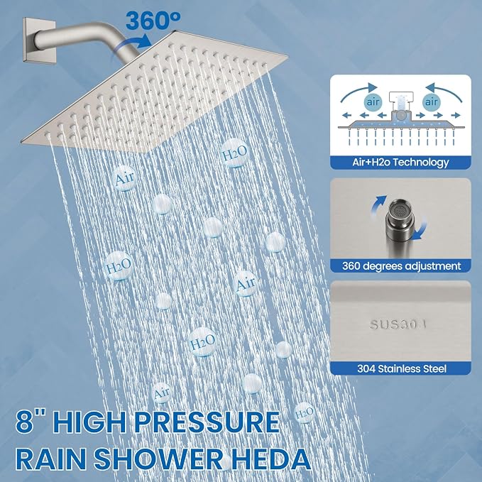 Airuida Shower Faucet Set,8 Inch Shower Valve Kit,Brushed Nickel | Male Threads,Rough-in Valve Shower Trim Kit,Single Handle Control Shower Set